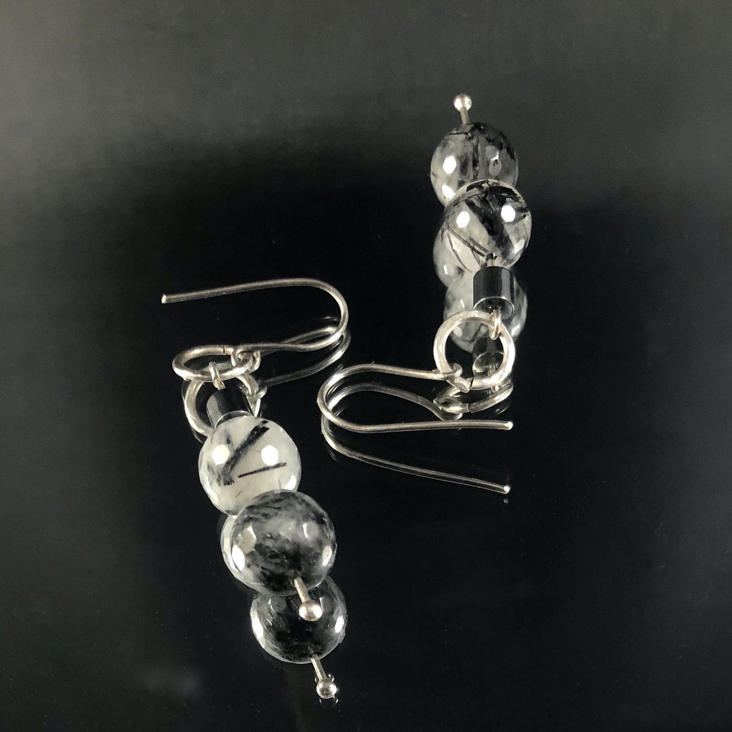 Rutiled Quartz & Hematite 925 Silver Dangle Earrings KAS WARWAS
