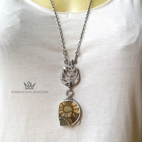 Samurai Cat Silver And Ammonite Statement Pendant Necklace BLITZ