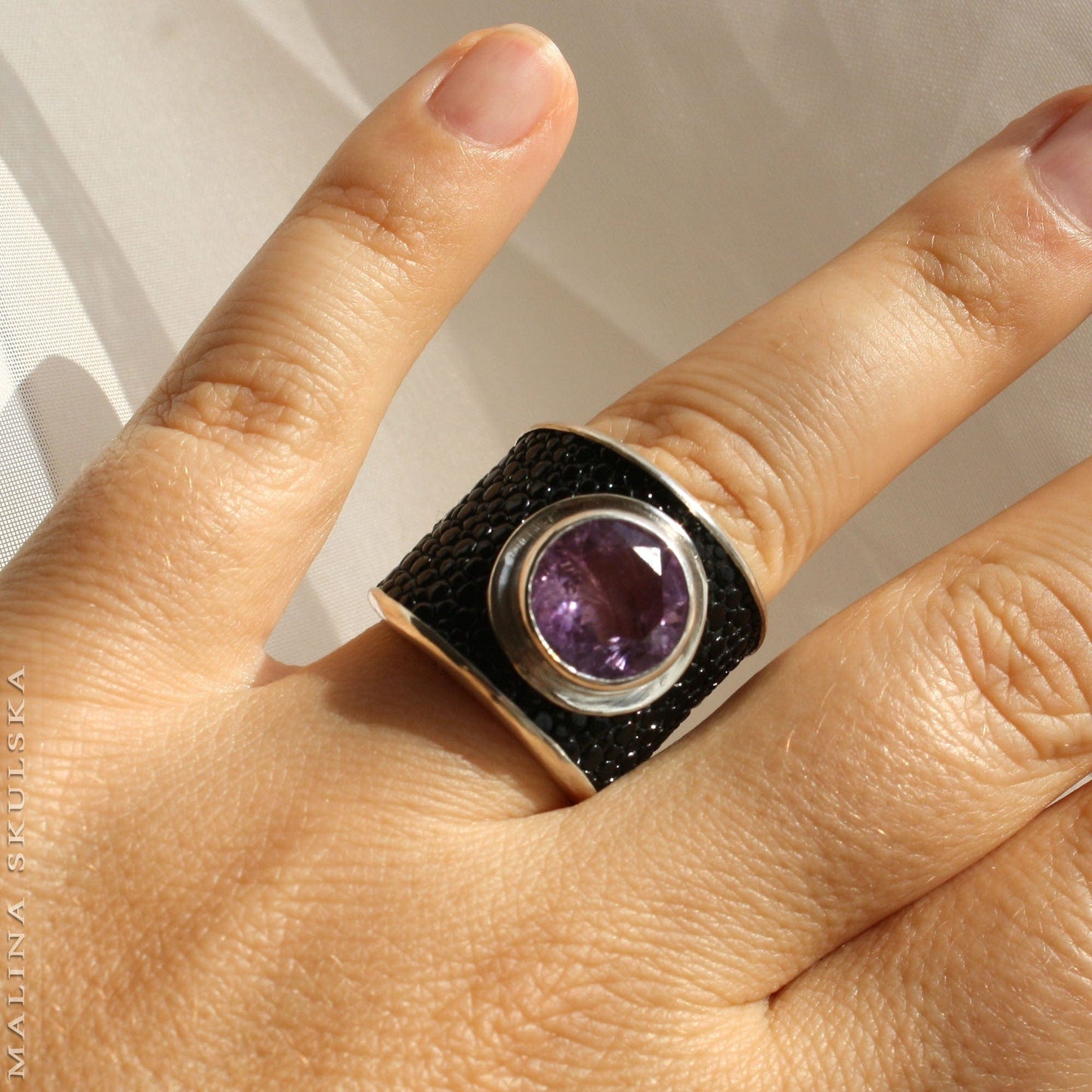 Silver Ring With Amethyst And Stingray Leather MALINA SKULSKA